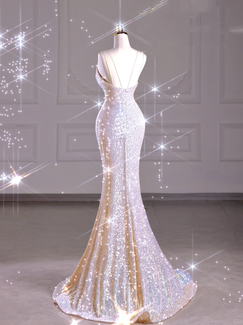 Luxurious sparkling sequined fishtail V-neck ball gown