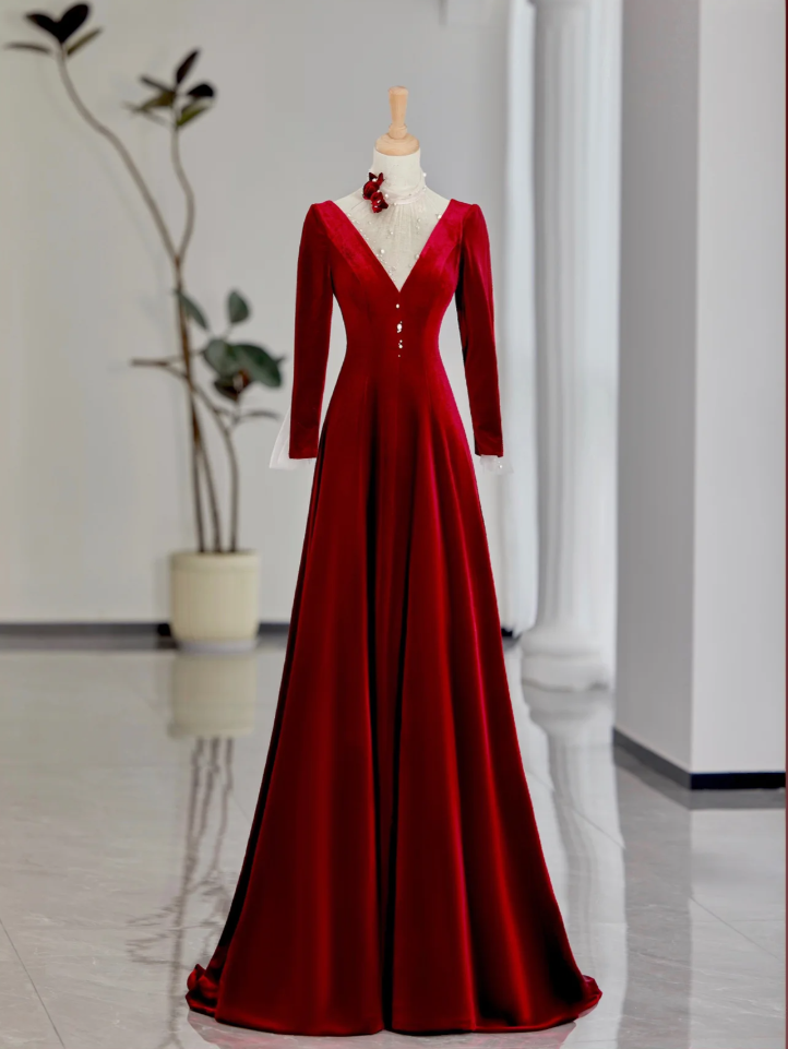 High end long sleeved V-neck A-line ball dress, party dress, banquet dress, evening dress