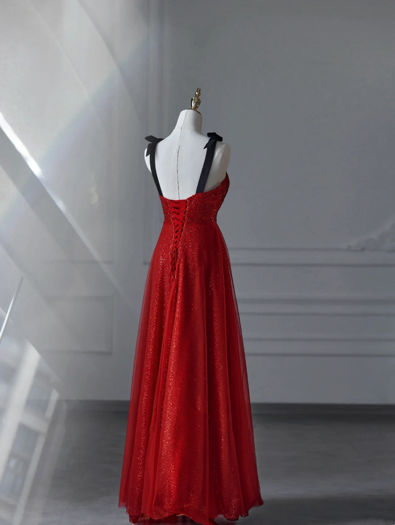 Red Double Strap Evening Gown New Sleeveless A Line Luxury Floor Length Ball Gown