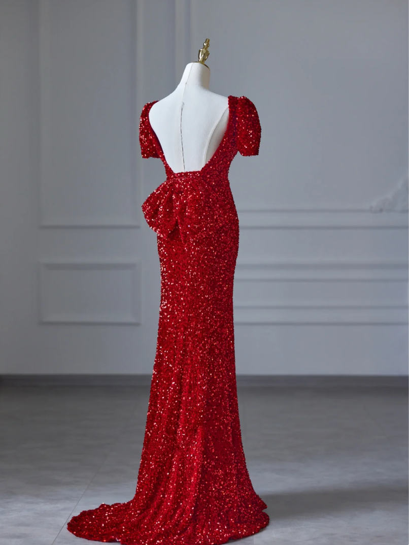 V-neck backless sequined mermaid ball gown new dark red evening gown