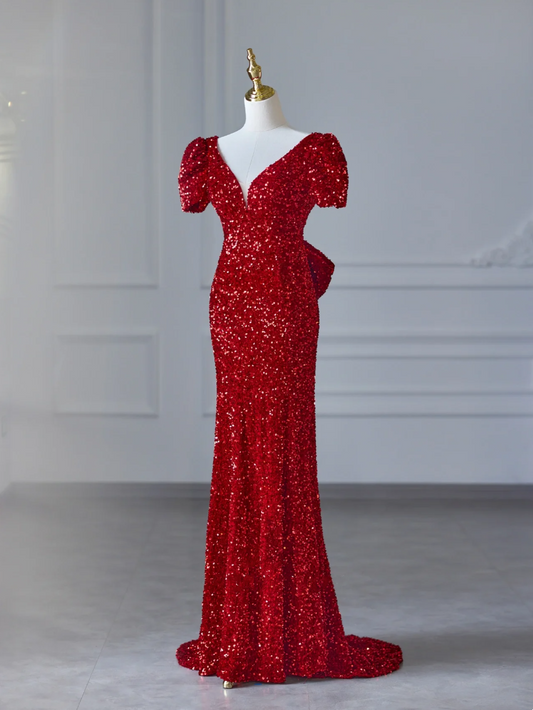 V-neck backless sequined mermaid ball gown new dark red evening gown