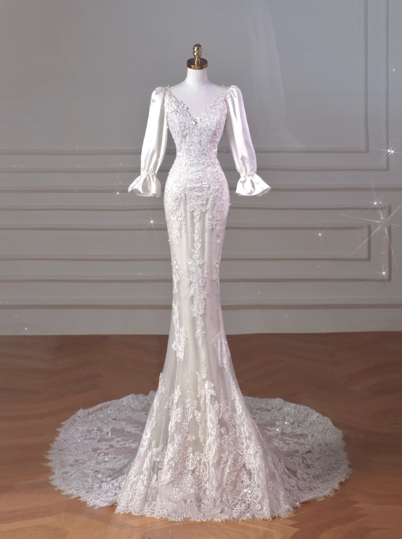 Long sleeved embroidered lace mermaid wedding dress wedding gowns