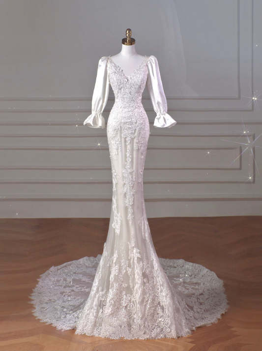 Long sleeved embroidered lace mermaid wedding dress wedding gowns