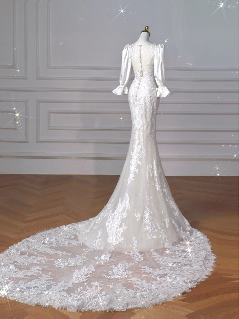 Long sleeved embroidered lace mermaid wedding dress wedding gowns