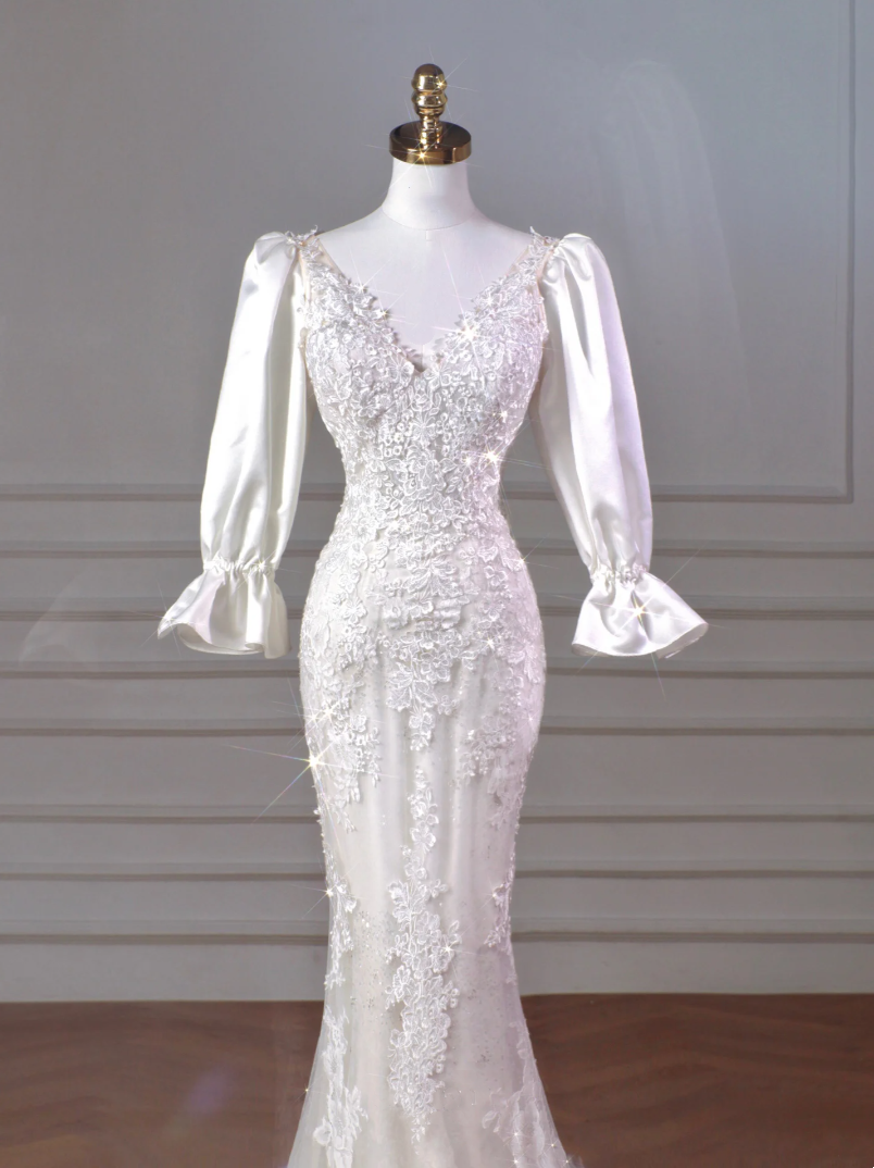 Long sleeved embroidered lace mermaid wedding dress wedding gowns