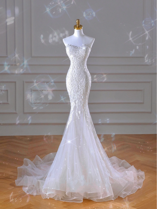 Sleeveless car bone embroidery lace Malaysian mermaid wedding dress