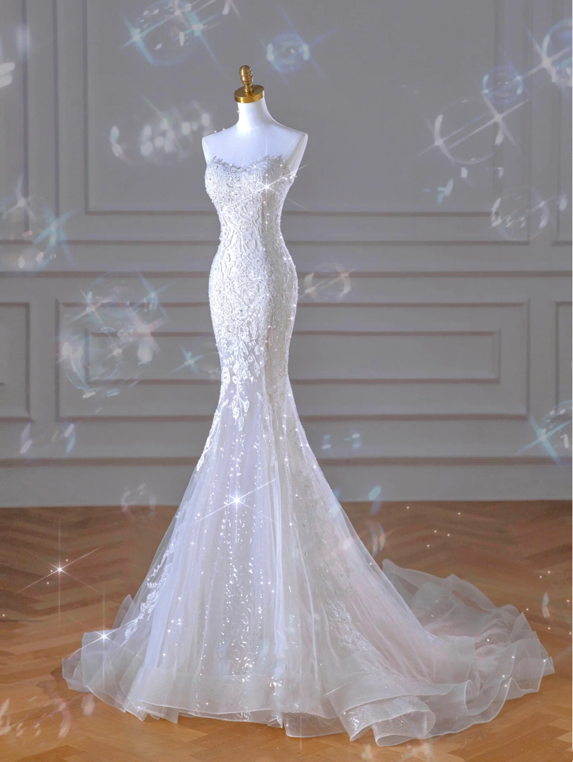 Sleeveless car bone embroidery lace Malaysian mermaid wedding dress