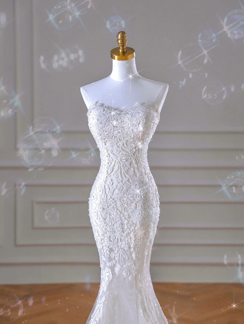 Sleeveless car bone embroidery lace Malaysian mermaid wedding dress