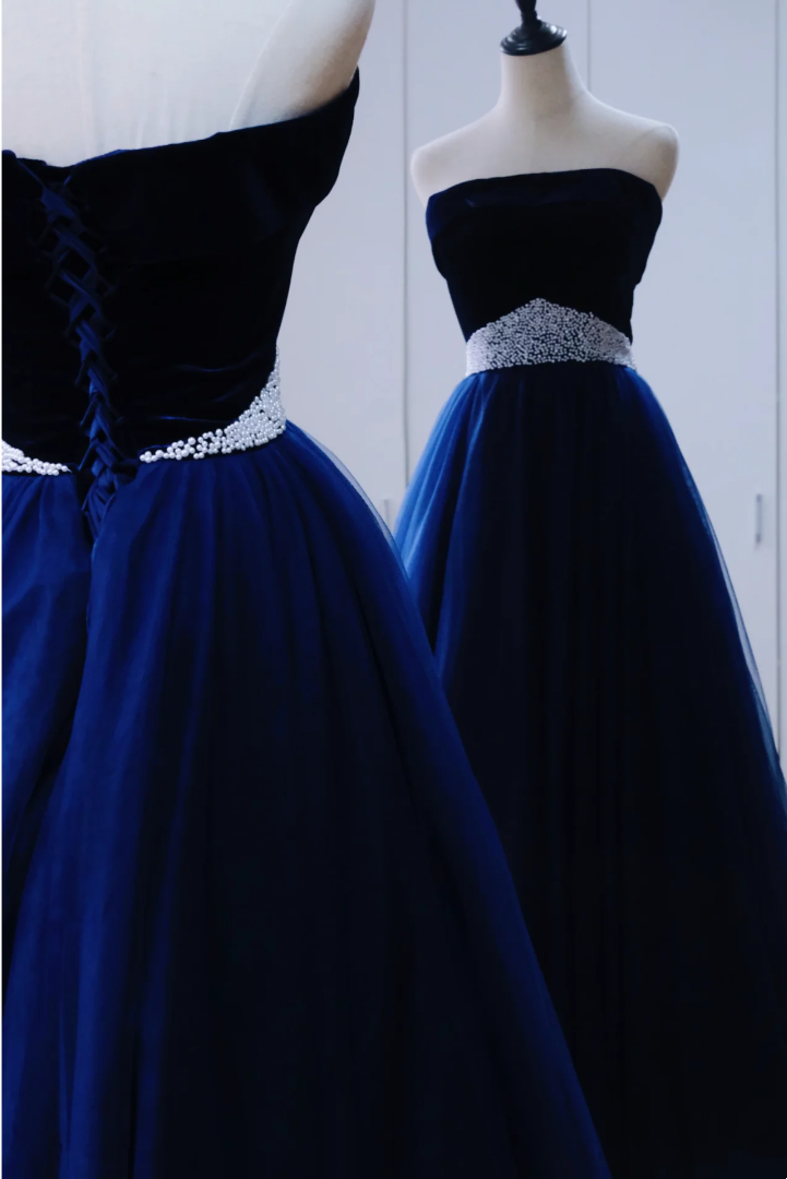 Classic royal blue dress, soft and delicate velvet material, waist beaded ball gown, evening dress, banquet dress