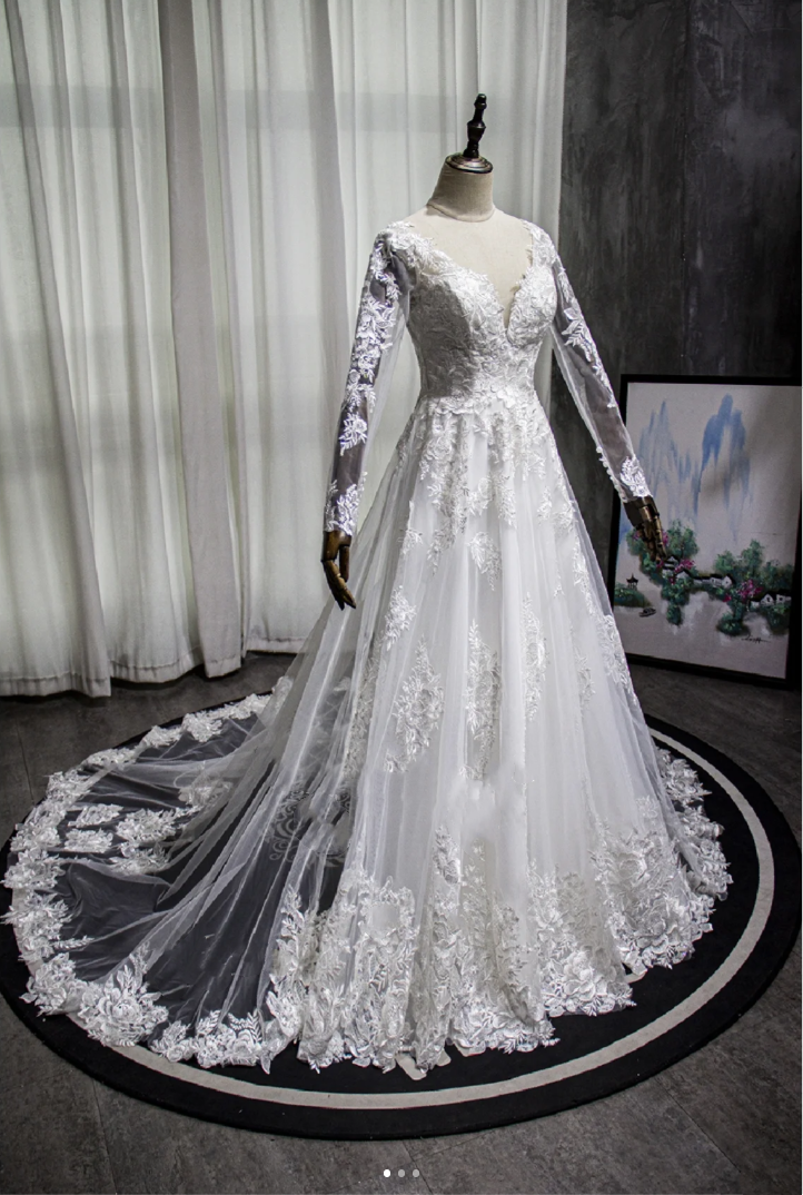 Long sleeved embroidered lace V-neck cathedral train wedding dress