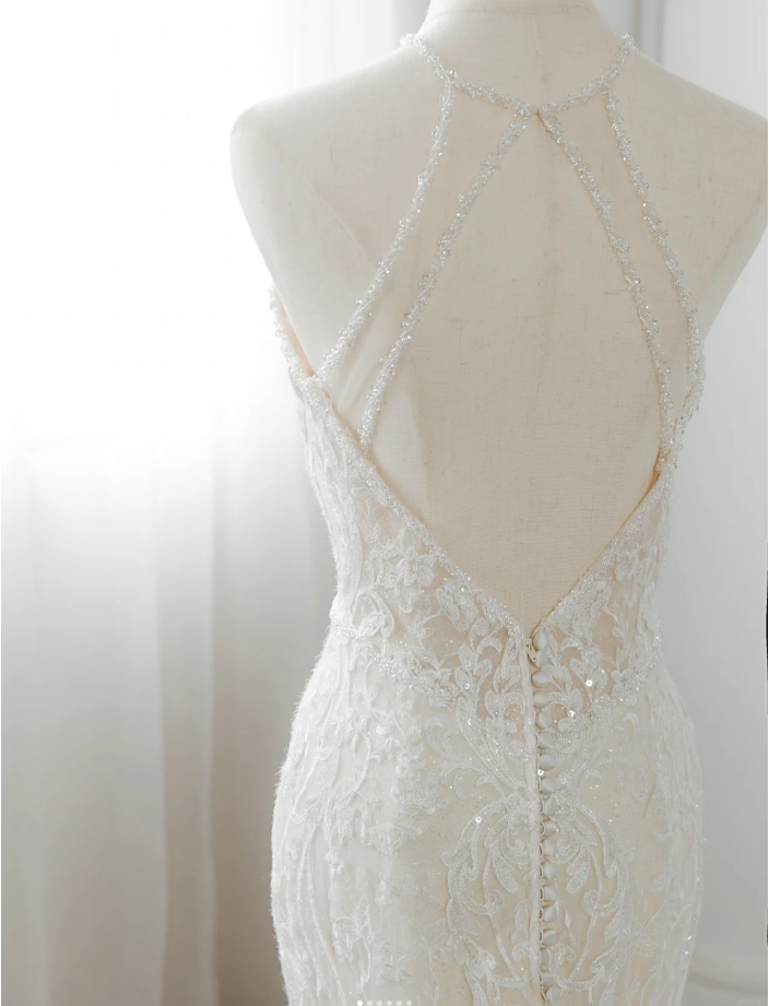 Beautiful Halter Neck Backless Mermaid Lace Appliqué Train Wedding Dress