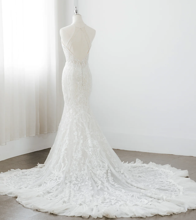 Beautiful Halter Neck Backless Mermaid Lace Appliqué Train Wedding Dress