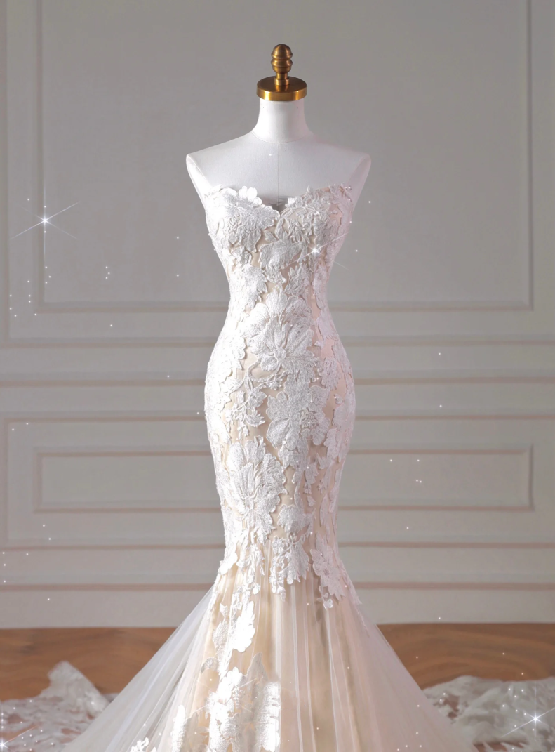 Bridal New Mermaid Wedding Dress V Neck Elegant Lace Appliqué Wedding Dress