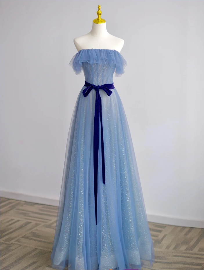 Simple and fashionable blue sheer ball dress off the shoulder blue long evening dress party dress banquet dress reunion dress cocktail dress engagement dress