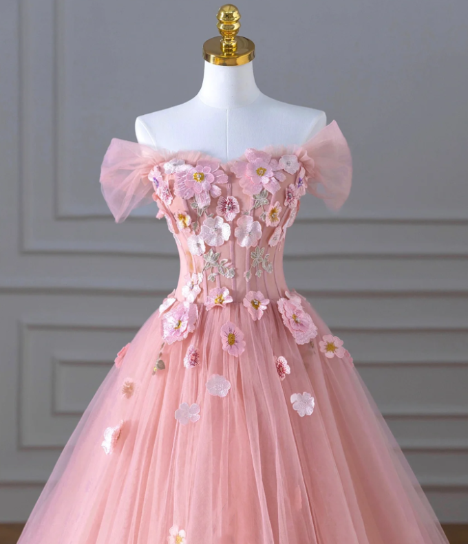 Pink floral embroidered prom dress vintage dress victorian princess ball gown