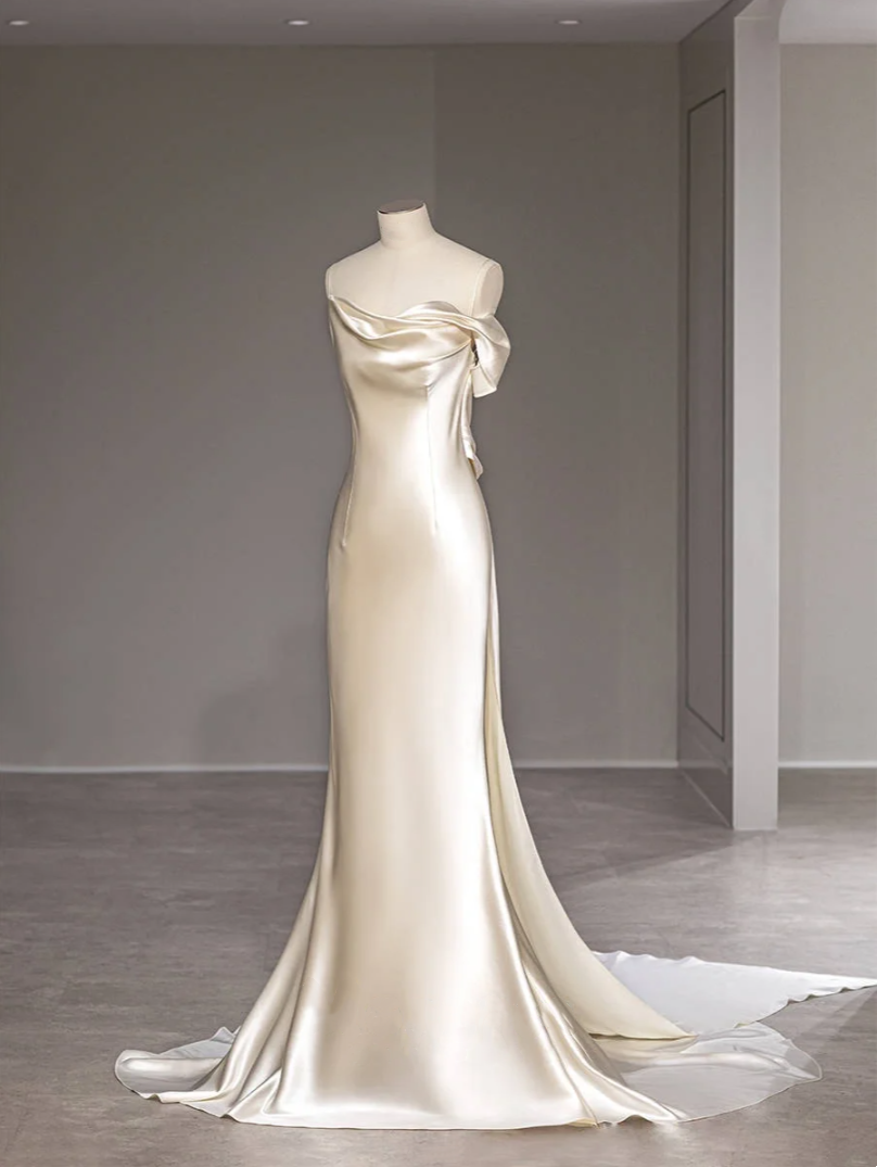 Elegant asymmetry creates beautiful curves, soft silk satin, gorgeous tail ball gown party dress