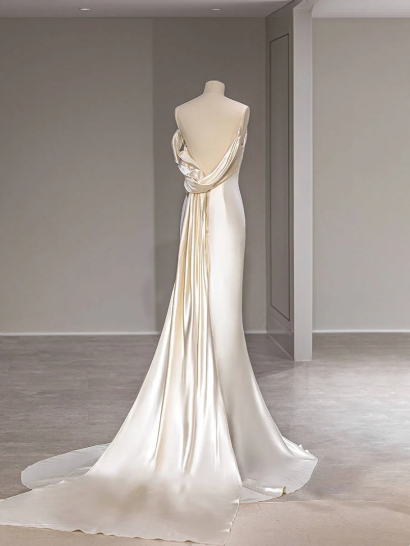 Elegant asymmetry creates beautiful curves, soft silk satin, gorgeous tail ball gown party dress