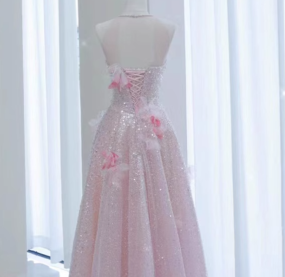 Sexy off-shoulder petite and cute pink sequin love neckline prom dress