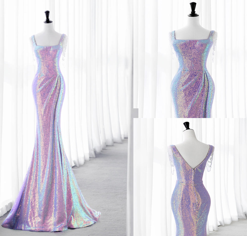 Sexy sequin flat chest dress backless mermaid prom dress banquet dress party dress