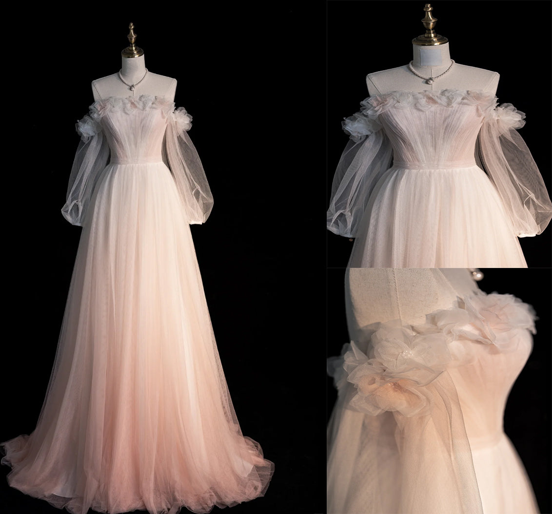 Pink light wedding dress with sweet neckline and gauze turned into floral A-line ball gown