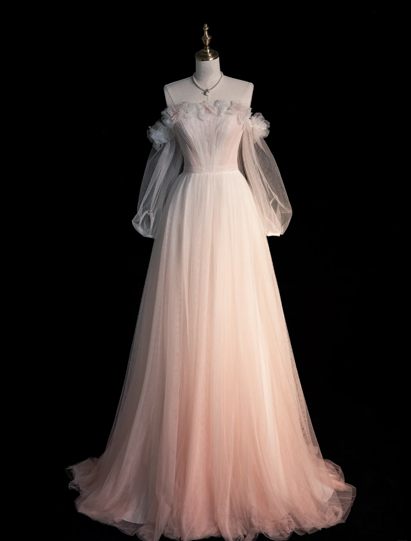 Pink light wedding dress with sweet neckline and gauze turned into floral A-line ball gown