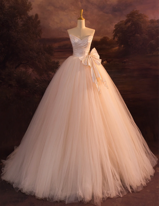 Strapless Tulle Long Ball Gown Beautiful A Line Formal Evening Gown Champagne Taffeta Gown