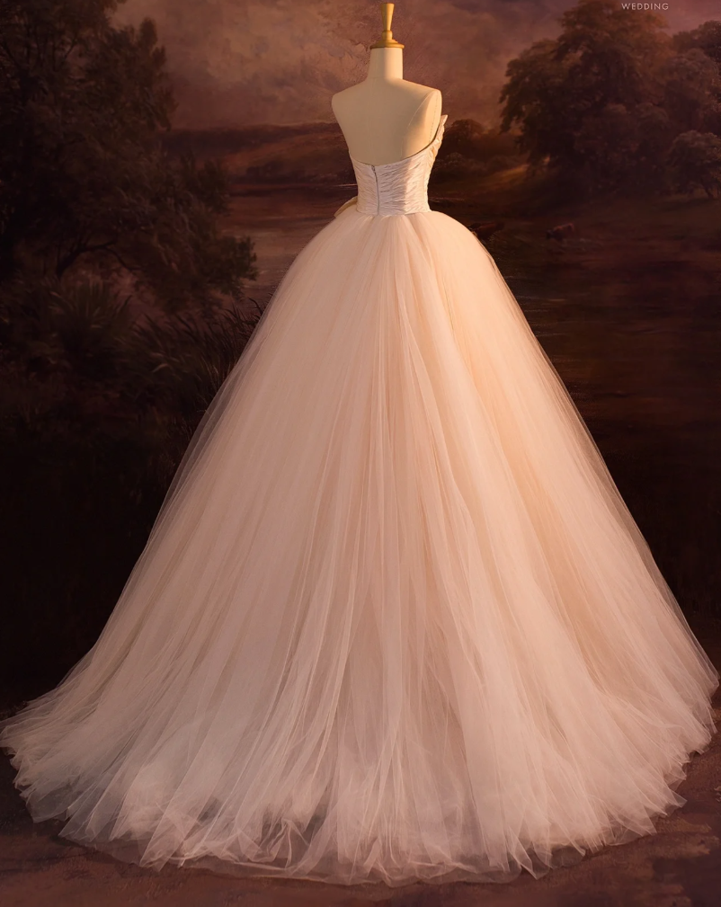 Strapless Tulle Long Ball Gown Beautiful A Line Formal Evening Gown Champagne Taffeta Gown