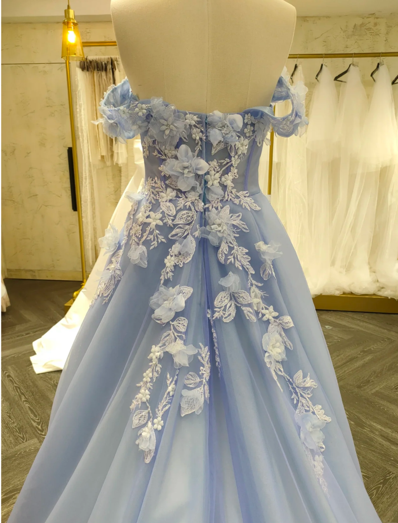 Cute Little Flower Sweetheart Neckline Sky Blue Dress Strappy Backless A-Line Prom Dress Banquet Dress Bridesmaid Dress Party Dress