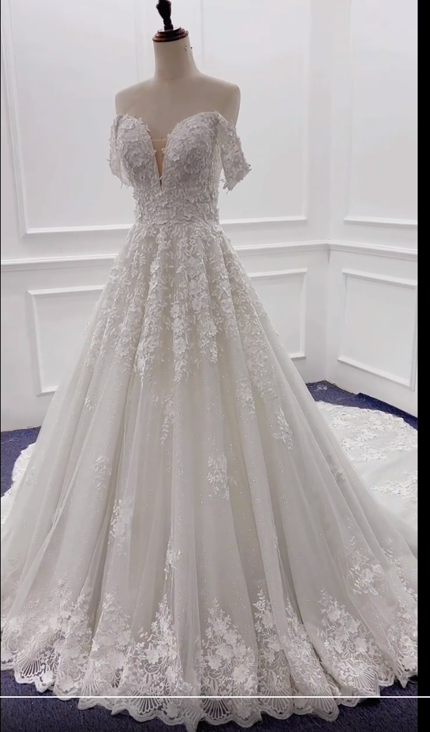 Luxurious off-shoulder V-neck sleeveless A-line lace appliqué wedding dress