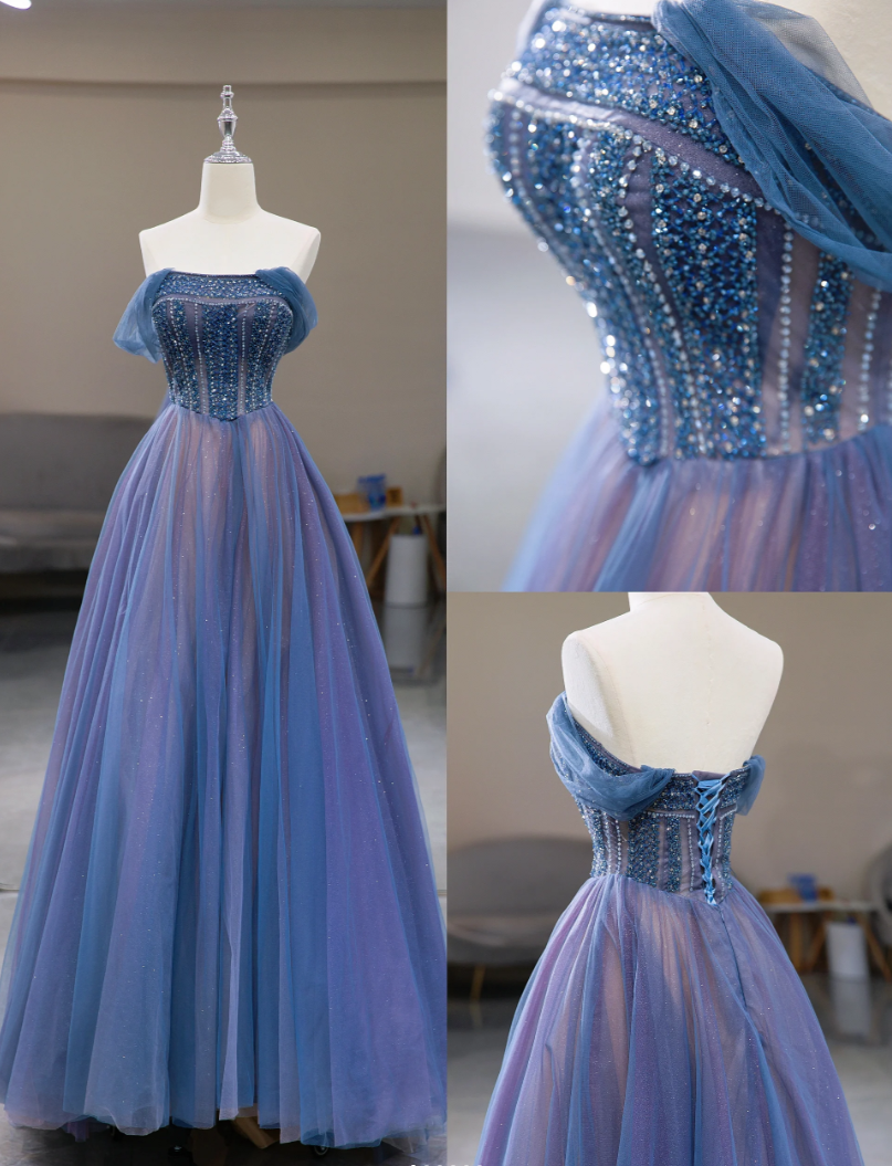 Noble and elegant beaded shoulder strap backless A-line ball gown party dress banquet dress