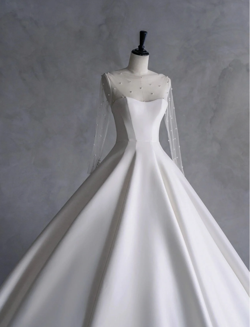 Luxurious Long Sleeve Sweetheart Neck Train A-Line Satin Pearl Beaded Wedding Dress