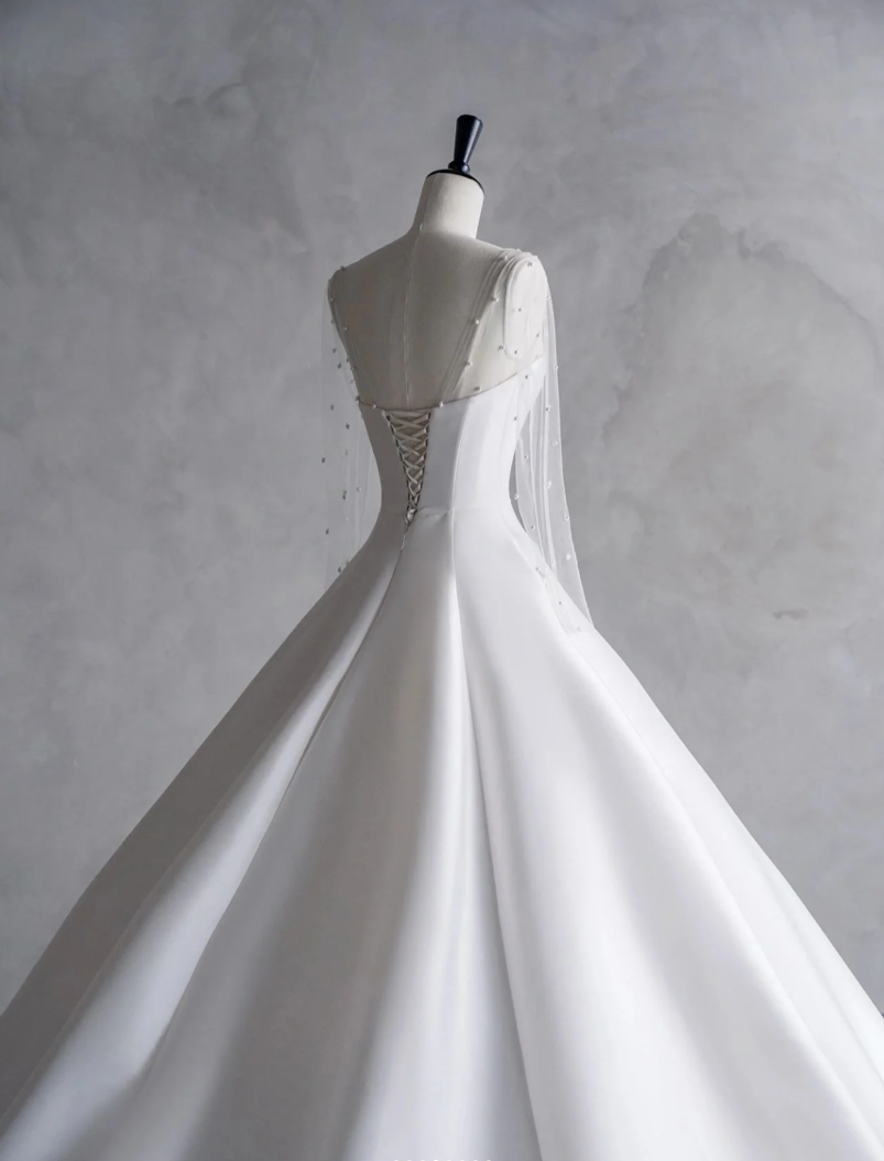 Luxurious Long Sleeve Sweetheart Neck Train A-Line Satin Pearl Beaded Wedding Dress