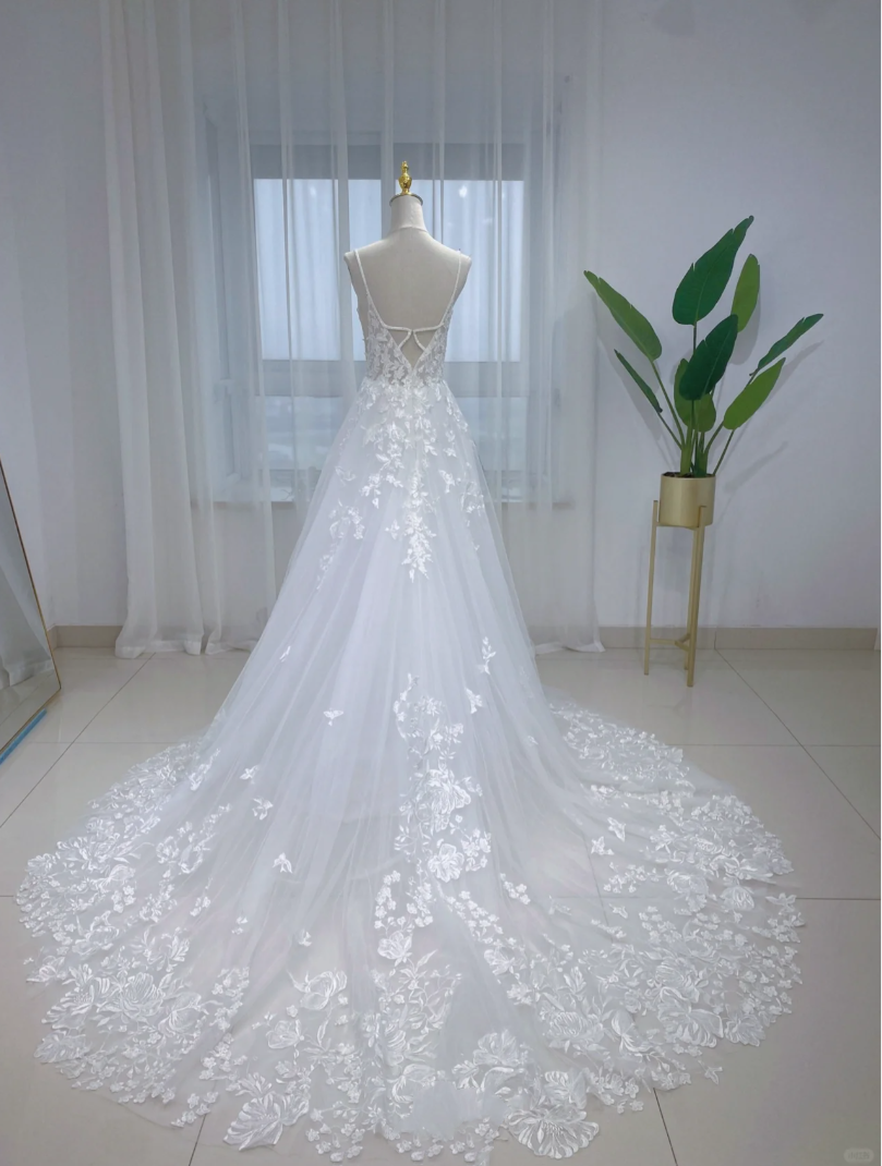 Gorgeous Lace Appliqué Evening Gown V Neck Tulle Appliqué Double Strap A Line Wedding Dress