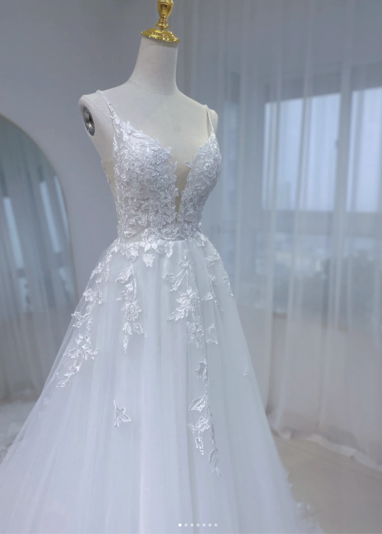 Gorgeous Lace Appliqué Evening Gown V Neck Tulle Appliqué Double Strap A Line Wedding Dress