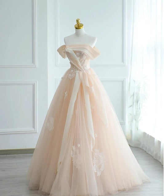 New A-line lace floral champagne wedding dress