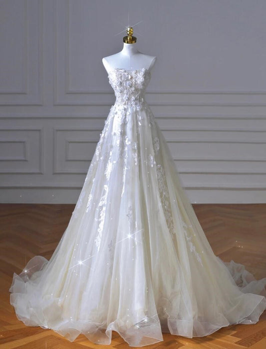 A-line lace applique handmade custom floral mesh lace train lace-up backless wedding dress