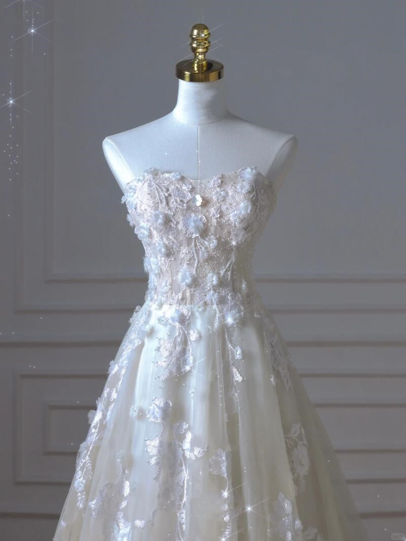 A-line lace applique handmade custom floral mesh lace train lace-up backless wedding dress