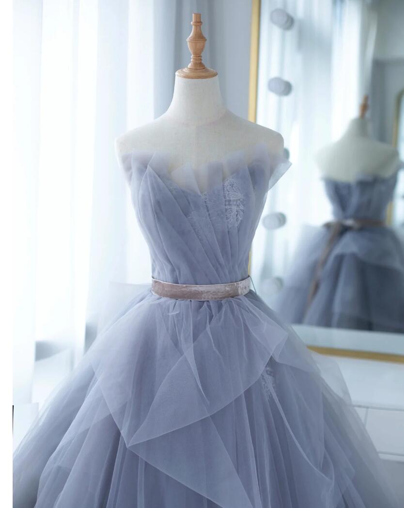 Blue evening dress sexy sexy elegant bow backless A-line ball gown strapless long princess dress