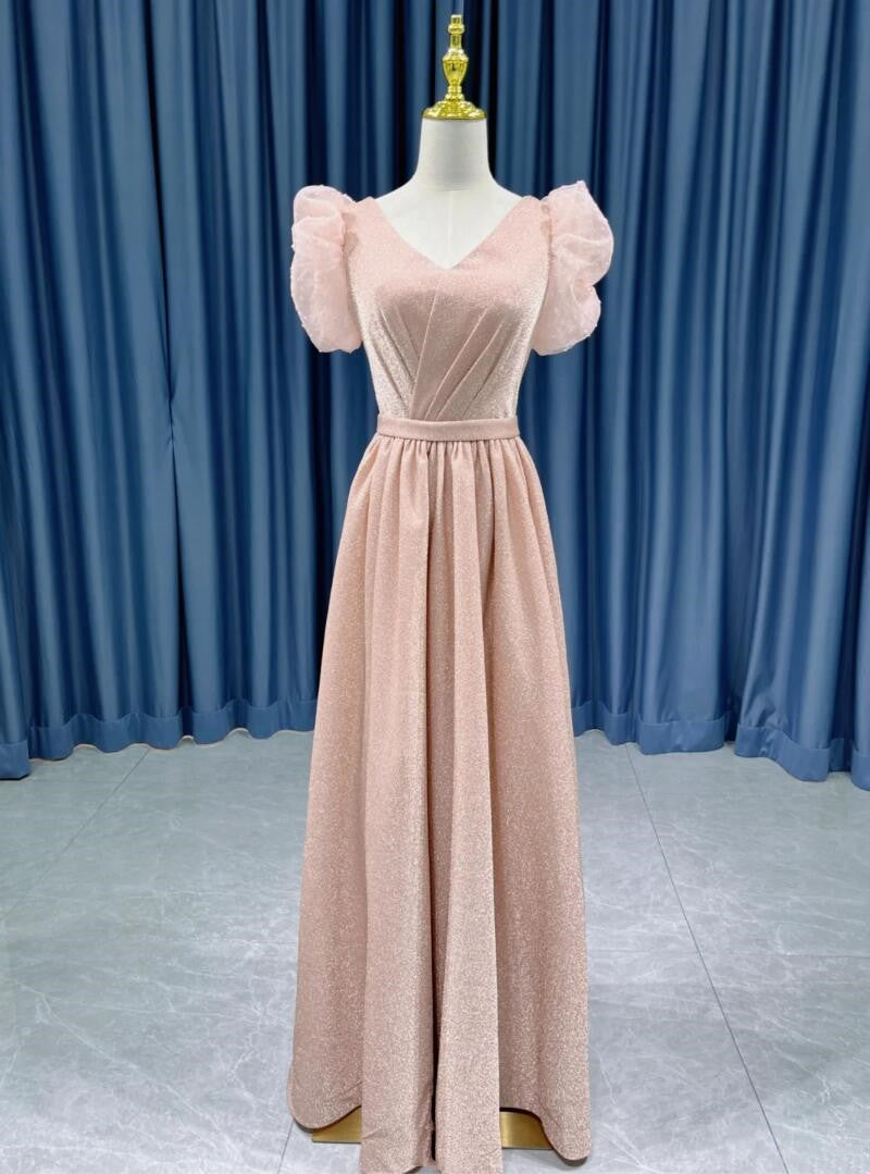 Pink Puff Sleeve Evening Gown V Neck Luxury Formal Evening Gown Party Velvet Gown