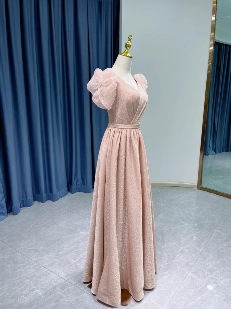 Pink Puff Sleeve Evening Gown V Neck Luxury Formal Evening Gown Party Velvet Gown