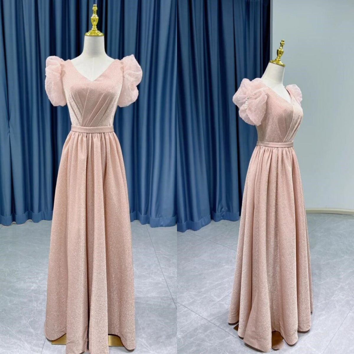 Pink Puff Sleeve Evening Gown V Neck Luxury Formal Evening Gown Party Velvet Gown