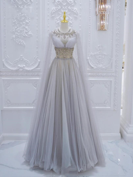 Exquisite tulle A-line V-neck evening gown wedding guest gown hand-beaded floral ball gown party dress