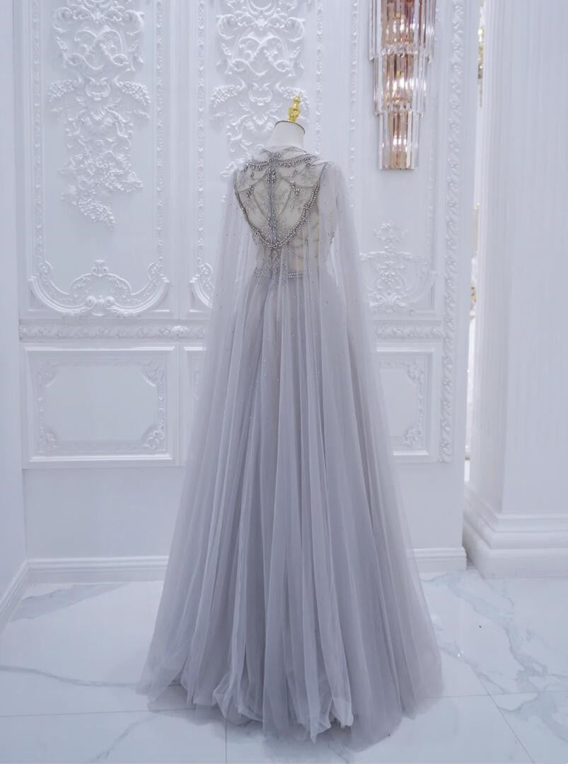 Exquisite tulle A-line V-neck evening gown wedding guest gown hand-beaded floral ball gown party dress