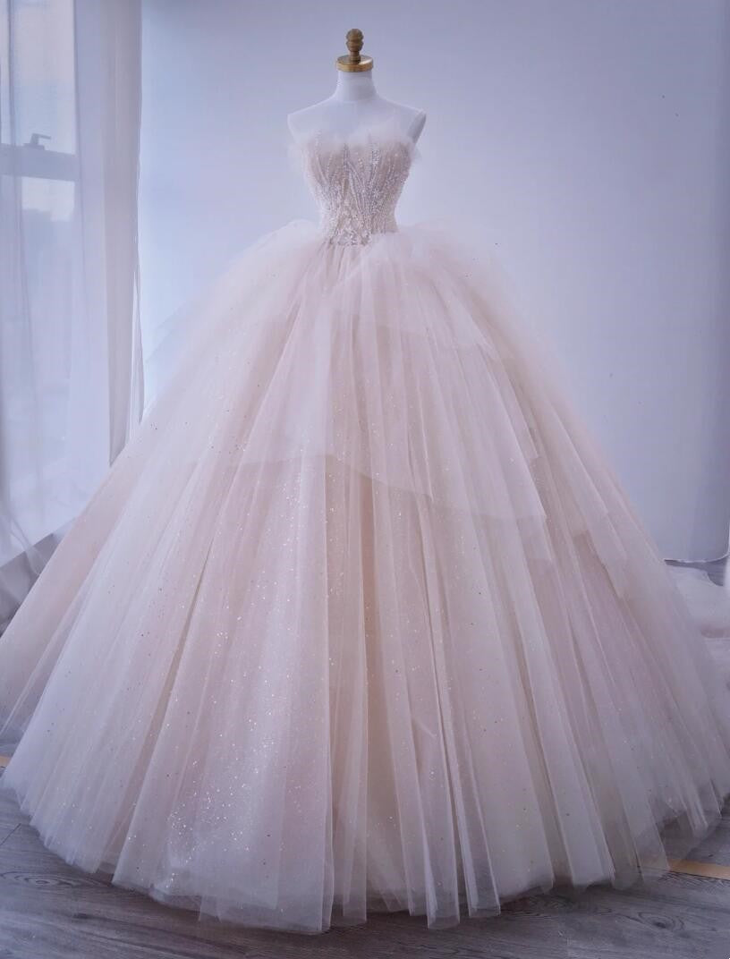 Elegant Sleeveless Pleated Tulle Princess Bride Luxury Off-Shoulder Glitter Wedding Dress