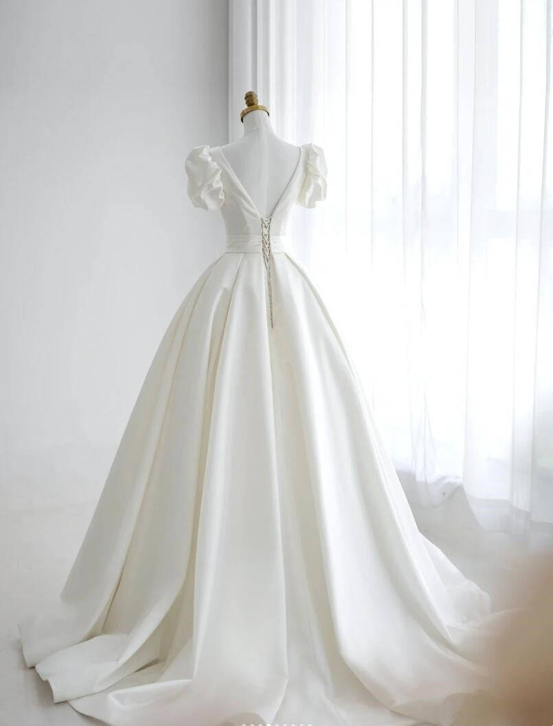 Cathedral Train Satin Sexy V-Neck Wedding Dress