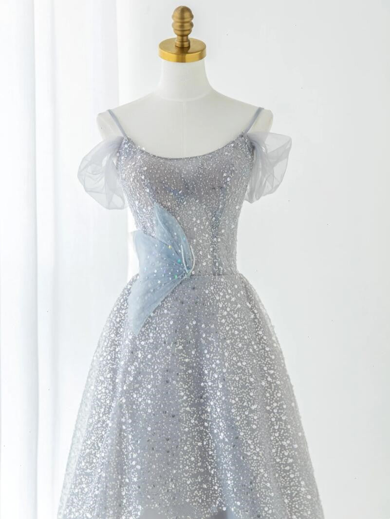 Luxurious blue evening gown sparkling sequins beaded beautiful ruffles and bubbles show ball formal dress