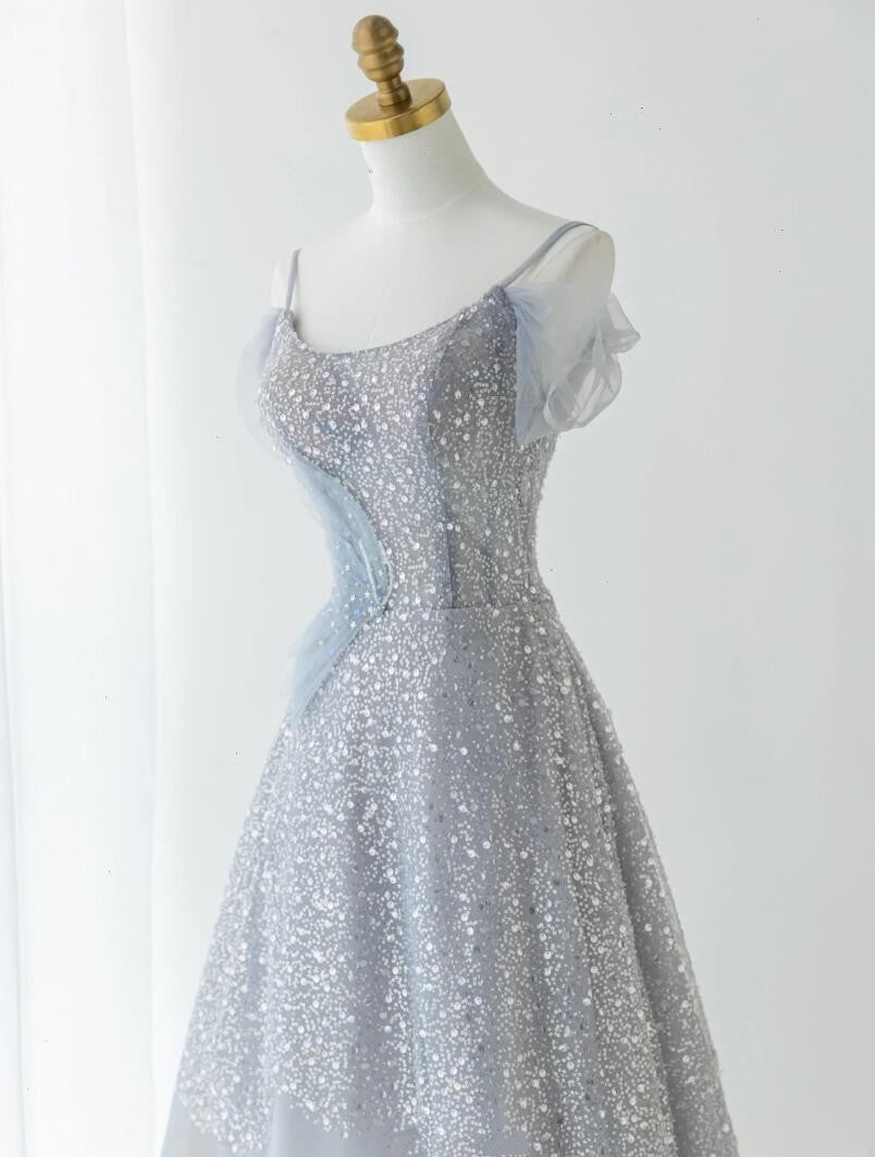 Luxurious blue evening gown sparkling sequins beaded beautiful ruffles and bubbles show ball formal dress