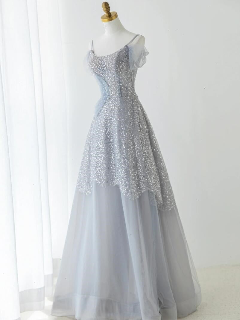 Luxurious blue evening gown sparkling sequins beaded beautiful ruffles and bubbles show ball formal dress