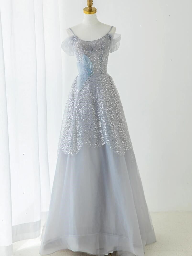 Luxurious blue evening gown sparkling sequins beaded beautiful ruffles and bubbles show ball formal dress