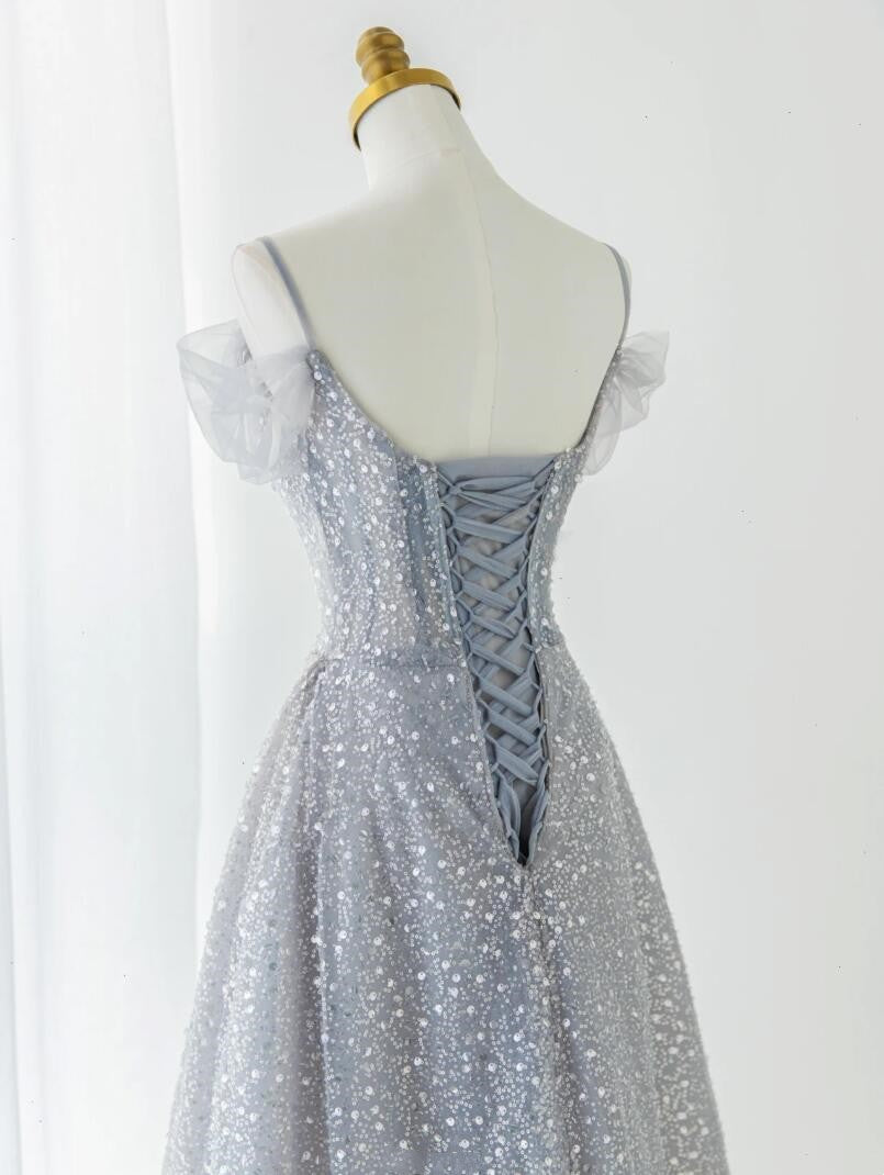 Luxurious blue evening gown sparkling sequins beaded beautiful ruffles and bubbles show ball formal dress